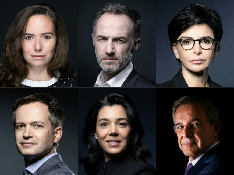 Les candidats à la mairie de Paris (de h. en b. et de g. à d.) : Sarah Knafo (Reconquête !), Emmanuel Grégoire (Parti socialiste), Rachida Dati (Les Républicains), Pierre-Yves Bournazel (Horizons), Sophia Chikirou (La France insoumise), Thierry Mariani (Rassemblement national)