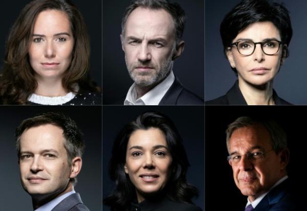Les candidats à la mairie de Paris (de h. en b. et de g. à d.) : Sarah Knafo (Reconquête !), Emmanuel Grégoire (Parti socialiste), Rachida Dati (Les Républicains), Pierre-Yves Bournazel (Horizons), Sophia Chikirou (La France insoumise), Thierry Mariani (Rassemblement national)