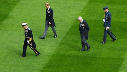 De g. à d.: le roi Charles III, le prince Harry, le prince Andrew et le prince William, aux funérailles d'Elizabeth II, le 19 septembre 2022, au château de Windsor