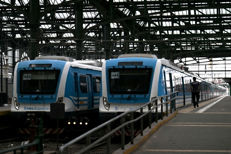 Des trains stationnés à la gare de Constitucion, fermée en raison d'une grève générale de 24 heures lancée par les syndicats contre la réforme du travail du président Javier Milei à Buenos Aires, le 19 février 2026 en Argentine