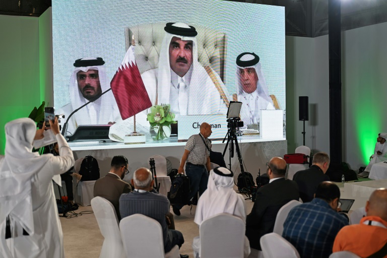 L'émir du Qatar, Cheikh Tamim ben Hamas Al-Thani, à l'ouverture du sommet exceptionnel des dirigeants arabes et musulmans à Doha, le 15 septembre 2025