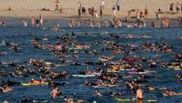 Hommage de nageurs et surfeurs aux victimes de l'attaque de Sydney à la plage de Bondi le 19 décembre 2025