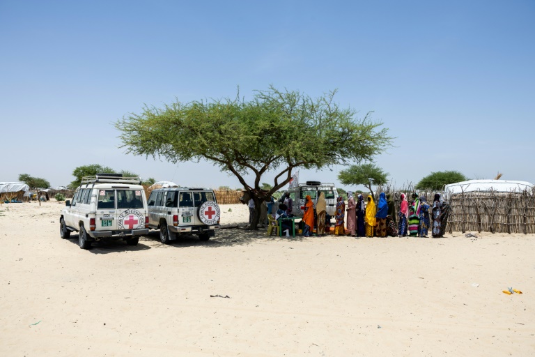Des femmes font la queue lors d'une distribution d'aide par le Comité international de la Croix-Rouge, dans un camp de déplacés à Kiskra, dans la province du lac Tchad, au Tchad, le 19 juin 2025