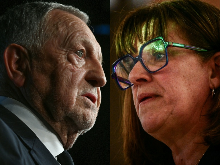 Ce montage photo, réalisé le 11 juin 2026, montre Jean-Michel Aulas,   à Lyon le 26 septembre 2025 et Véronique Sarselli, maire de Sainte-Foy-lès-Lyon et conseillère métropolitaine de Lyon, le 26 mars 2026