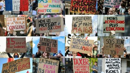 Pancartes de manifestants brandies lors de la mobilisation lycéenne et étudiante entre le 6 et le 13 octobre 2026 dans plusieurs villes de France