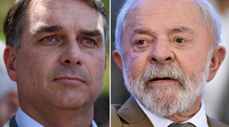 Le sénateur conservateur Flavio Bolsonaro le 7 octobre 2026 (gauche) et le président de gauche Lula le 12 mars 2026 (droite)
