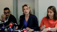 Le secrétaire général de FO Frédéric Souillot, ses homologues de la CFDT Marylise Léon et de la CGT Sophie Binet, lors d'ue conférence de presse à l'issue d'une réunion intersyndicale, le 29 août 2025 à Paris 