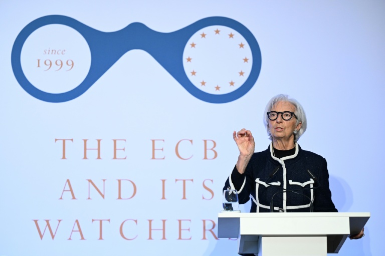 La présidente de la Banque centrale européenne, Christine Lagarde, lors d'une conférence, à Francfort le 25 mars 2026P