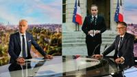 Olivier Faure (D) premier secrétaire du Parti Socialiste et le journaliste Gilles Bouleau, devant une image du Premier ministre démissionnaire Sébastien Lecornu, au 20h de TF1, à Boulogne-Billancourt, le 6 octobre 2025