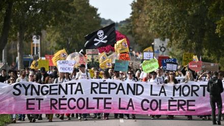 Manifestation près d'une usine du fabricant de pesticides et semencier Syngenta, à Saint-Pierre-la-Garenne, le 3 octobre 2026