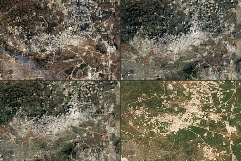 Combinaison d'images satellites fournies par Planet Labs PBC montrant Yaroun dans le sud du Liban, de gauche à droite du haut vers le bas, le 5 octobre 2024, le 10 janvier 2025, le 30 janvier 2025 et le 2 mai 2026