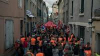 Un rassemblement d'organisations syndicales organisé par la CGT contre les mesures les visant, annoncées par le maire RN de Carcassonne, Christophe Barthes, à la Bourse du Travail de Carcassonne, le 13 mai 2026 dans l'Aude