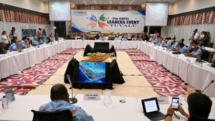 Des dirigeants du Pacifique participent à une réunion préparatoire à la COP31 pour la région du Pacifique à Funafuti, le 6 octobre 2026 aux Tuvalu