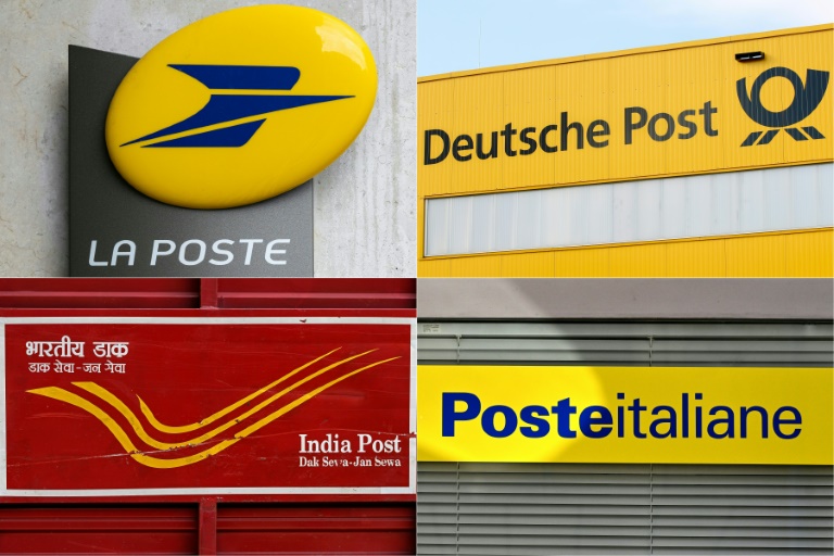 Montage photos du 6 septembre 2025 des logos du service postal français La Poste, de l'opérateur allemand Deutsche Post, de l'opérateur indien India Post et de l'opérateur italien Poste Italiane