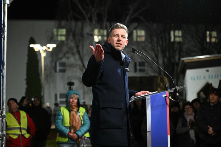 Le chef de l'opposition hongroise et candidat au poste de Premier ministre hongrois, Peter Magyar, lors d'une 