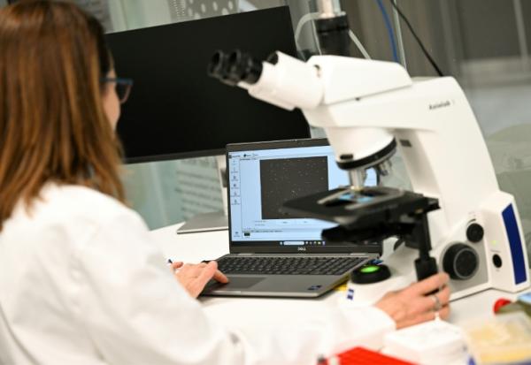 Justine O'Brien, responsable des sciences de la conservation à la Taronga Conservation Society Australia examine des échantillons de gamètes de corail stockés dans un réservoir cryogénique rempli d'azote liquide dans un laboratoire de Sydney, le 29 mai 2025 en Australie