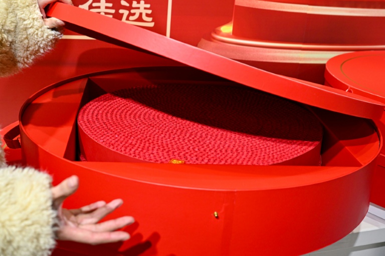 Une employée présente une boîte de  pétards dans une galerie de l'entreprise Zhongzhou Fireworks à Liuyang, dans la province du Hunan, le 21 janvier 2026 en Chine