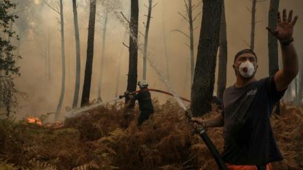 Un volontaire lutte contre le feu dans la forêt à Lanton (Gironde) le 29 juillet 2026