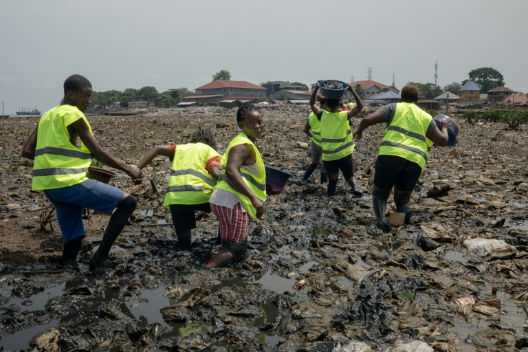Des habitants de Kolleh Town membres de l'association Nature for Mangroves, en collaboration avec Plan International, peinent à traverser le marais pollué de White Man's Bay, à Freetown, le 11 avril 2026, en Sierra Leone