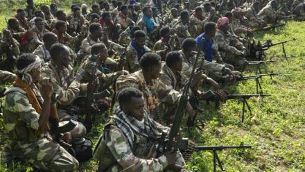 Des soldats de l'armée nationale de Somalie (SNA) à Awdheegle, une des localités récemment reprises aux rebelles islamistes shebab, le 11 novembre 2025 