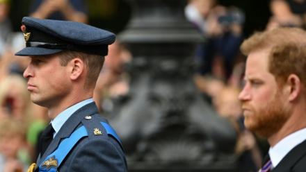 Le prince William, prince de Galles (G, et le prince Harry, duc de Sussex, participent au cortège accompagnant le cercueil de la reine Elizabeth II de l'abbaye de Westminster à Londres, le 19 septembre 2022