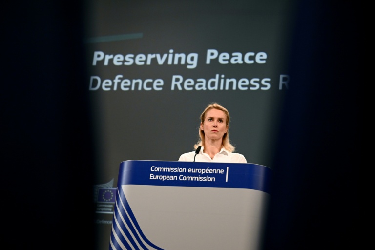 La cheffe de la diplomatie de l'Union européenne, Kaja Kallas, lors d'une conférence de presse à Bruxelles sur le projet de