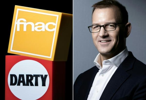 Montage de photos, du 26 janvier 2026, montrant le logo de la Fnac et de Darty et un portrait de   l'homme d'affaires tchèque Daniel Kretinsky