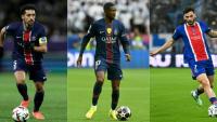 De gauche à droite, les joueurs du PSG Marquinhos, Ousmane Démbélé et KhvichaKvaratskhelia, tous trois sortis blessés lors du match contre le FC Barcelone, le 20 octobre 2026 au Parc des Princes