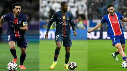 De gauche à droite, les joueurs du PSG Marquinhos, Ousmane Démbélé et KhvichaKvaratskhelia, tous trois sortis blessés lors du match contre le FC Barcelone, le 20 octobre 2026 au Parc des Princes