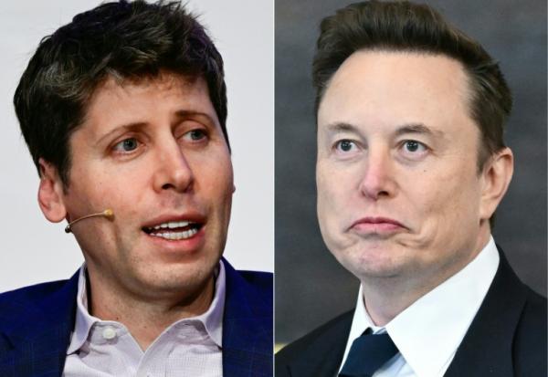 Le patron d'OpenAI Sam Altman (à gauche), le 7 février 2025 à Berlin, et celui de Tesla/SpaceX Elon Musk, le 20 janvier 2025 à Washington
