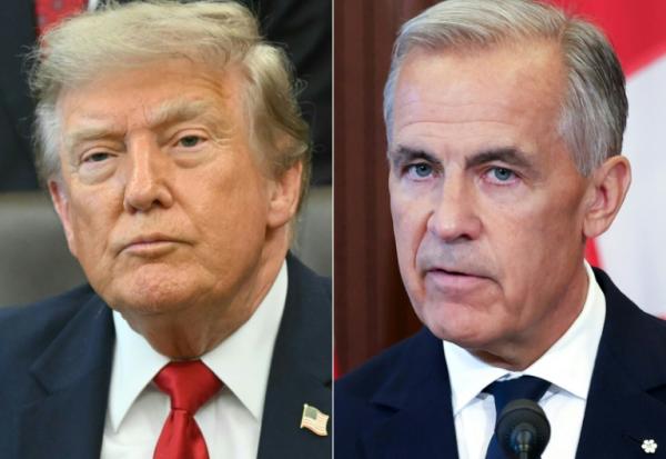 Cette combinaison de photos créée le 22 août 2026 montre, à gauche, le président américain Donald Trump à Washington, le 13 juillet 2026, et à droite le Premier ministre canadien Mark Carney le 22 août 2026 à Ottawa
