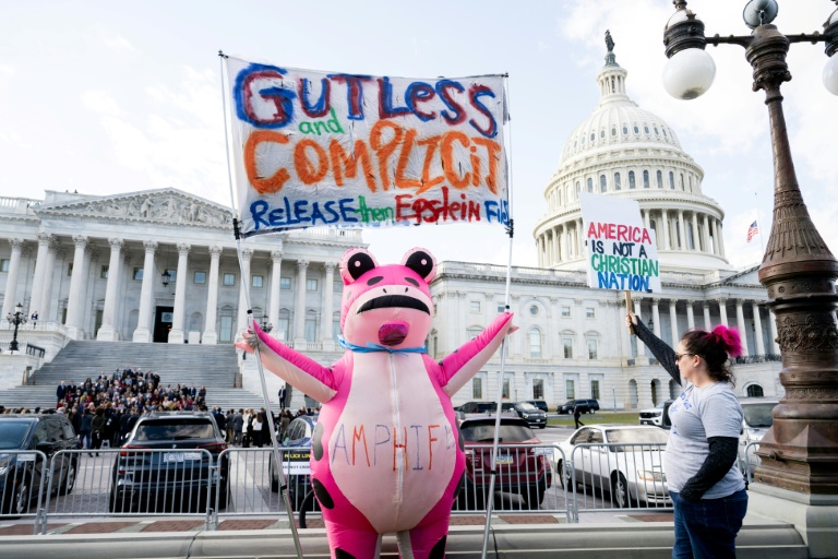 Des manifestants réclament la publication des dossiers sur l'affaire Jeffrey Epstein devant le Capitole américain, à Washington, aux-Etats-Unis, le 12 novembre 2025
