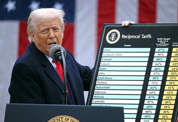 Le président américain Donald Trump montre un tableau des droits de douane, à la Maison Blanche à Washington, le 2 avril 2025
