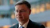 Le commissaire européen à l'Economie Valdis Dombrovskis, lors des réunions de printemps du FMI et du Groupe de la Banque mondiale à Washington, le 16 avril 2026