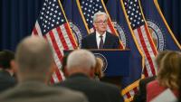 Le président de la Fed Jerome Powell lors d'une conférence de presse, le 17 septembre 2025 à Washington