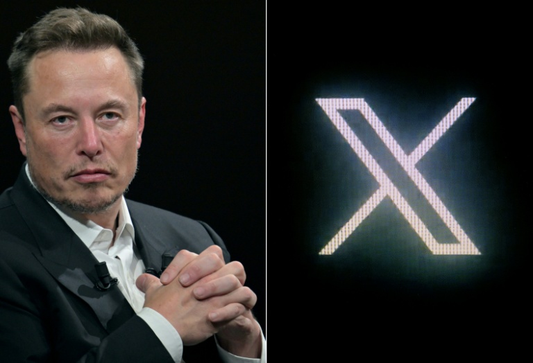 Le propriétaire de X Elon Musk, le 16 juin 2023 à Paris, et le logo du réseau, le 24 juillet 2023