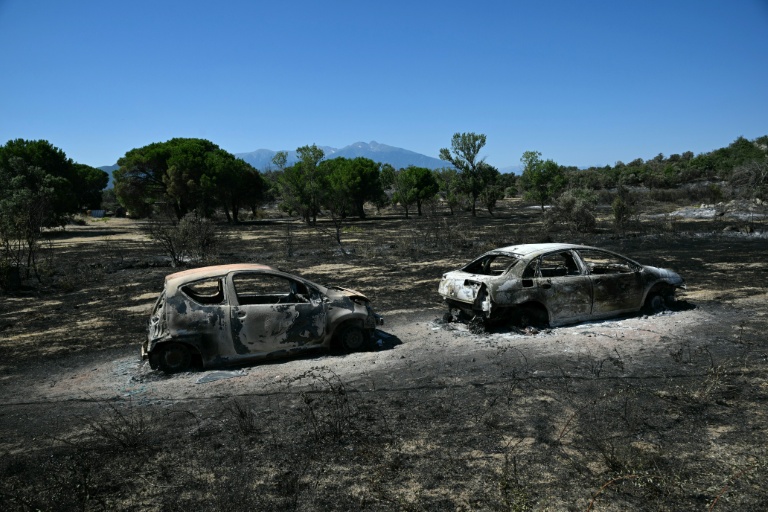 Des épaves de voitures calcinées dans une zone dévastée par un feu de forêt près de Perpignan, le 7 juillet 2026 dans les Pyrénées-Orientales