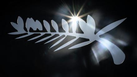 Le logo de la Palme d'Or à la veille du 76e Festival de Cannes, à Cannes, dans le sud-est de la France, le 15 mai 2023