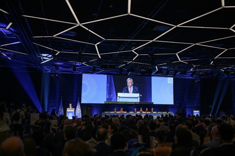 Le secrétaire général de l'ONU, António Guterres, lors d'un discours d'ouverture du premier Dialogue mondial sur la gouvernance de l'IA, le 6 juillet 2026 à Genève