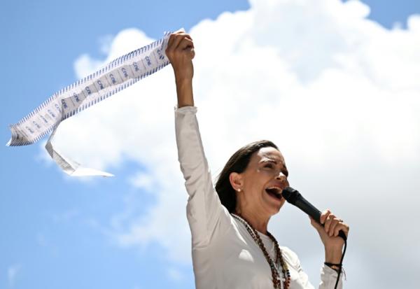 L'opposante vénézuélienne Maria Corina Machado, lors d'une manifestation à Caracas le 28 août 2024