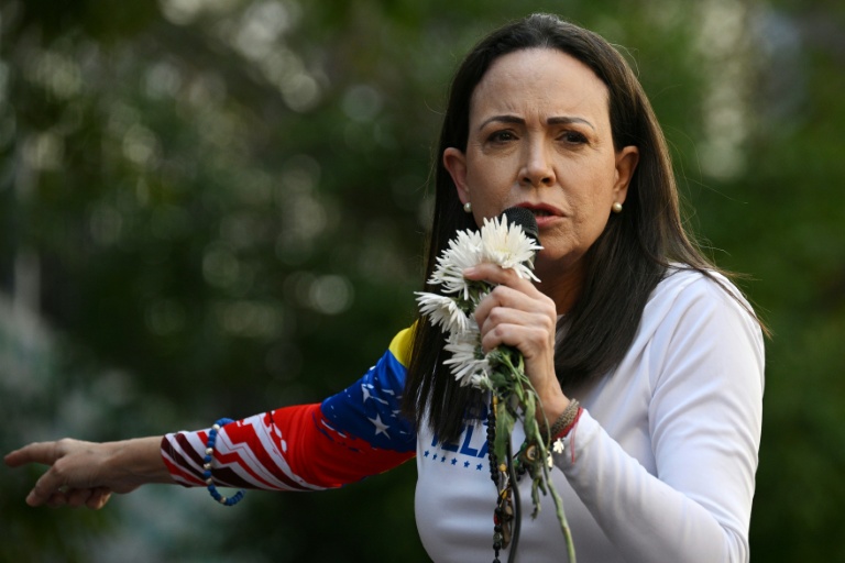 la cheffe de l'opposition au Venezuela, Maria Corina Machado, lors d'une manifestation à Caracas le 3 août 2024