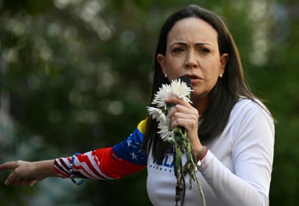la cheffe de l'opposition au Venezuela, Maria Corina Machado, lors d'une manifestation à Caracas le 3 août 2024