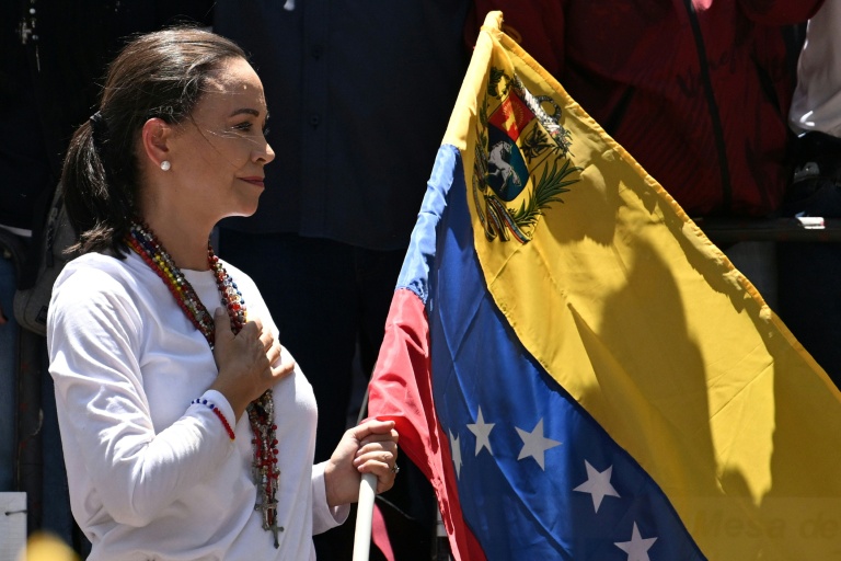 La dirigeante de l'opposition vénézuélienne Maria Corina Machado pendant une manifestation à Caracas, le 3 août 2024.