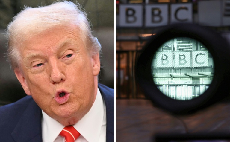 Combo photo montrant Donald Trump (g) et le siège de la BBC