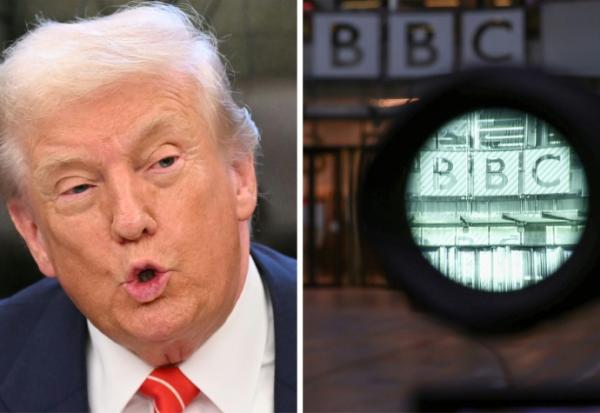 Combo photo montrant Donald Trump (g) et le siège de la BBC
