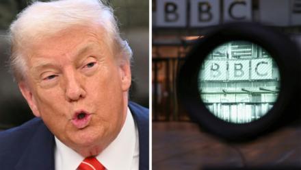 Combo photo montrant Donald Trump (g) et le siège de la BBC