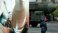 Combinaison d'images créée le 5 février 2026 montre, à gauche une image fournie par l'Air Force d'un missile américain dans un silo dans le Dakota, et à droite un missile intercontinental russe sur la place Rouge lors du défilé de la parade militaire du jour de la victoire à Moscou le 9 mai 2025