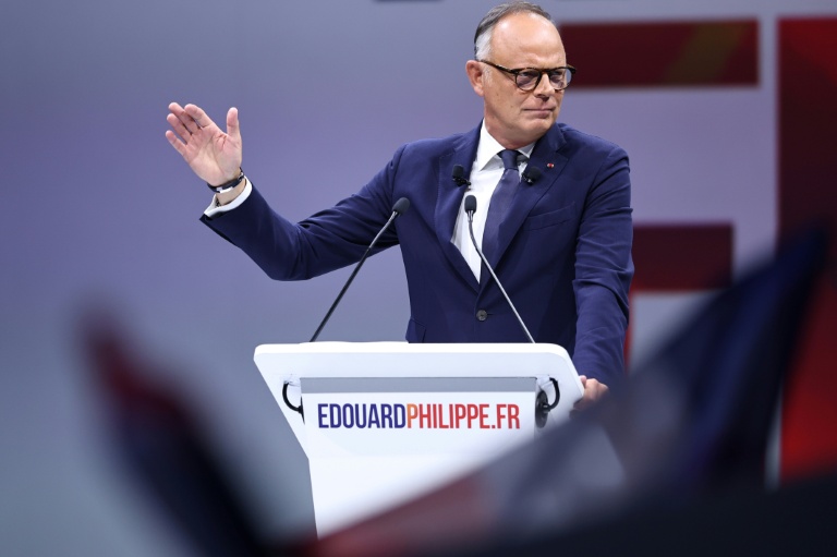 Edouard Philippe, candidat du parti Horizons à la présidentielle, lors d'un meeting de campagne à Paris, le 5 juillet 2026