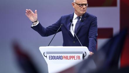 Edouard Philippe, candidat du parti Horizons à la présidentielle, lors d'un meeting de campagne à Paris, le 5 juillet 2026