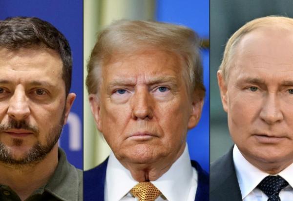 Combo des photos de Volodymir Zelensky, Donald Trump et Vladimir Poutine